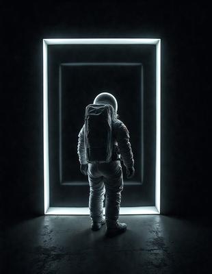 The primary subject of the image is a man wearing a white space suit, standing in front of a door. The setting appears to be a dark room, with the man being the main focus of the scene. The visual style of the image is a black and white photo, which adds a sense of drama and contrast to the scene. The overall atmosphere of the image is mysterious and intriguing, as the man stands alone in the darkness, possibly waiting for something or someone.